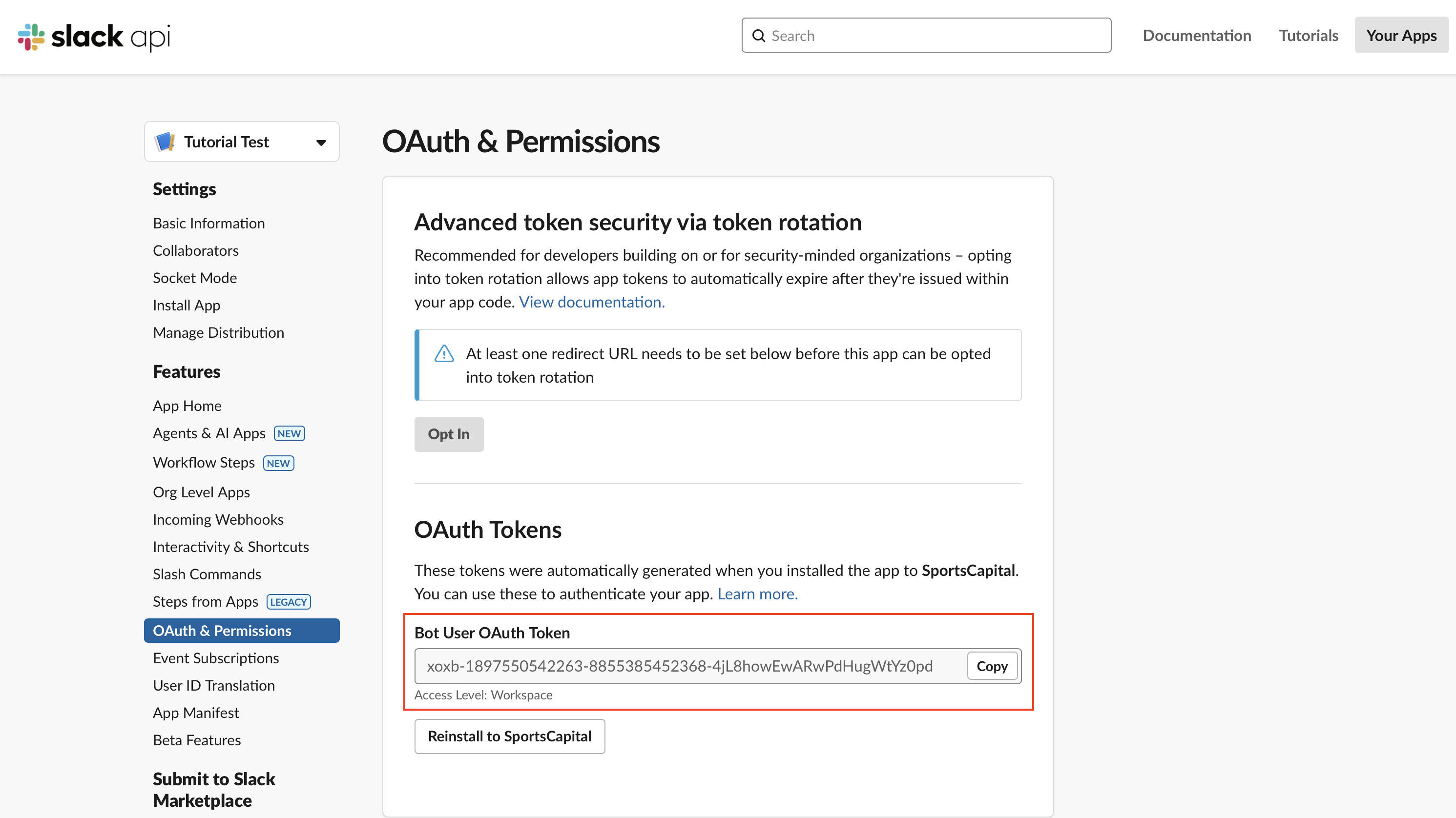 Screenshot: Where to find the Slack Bot User OAuth Token in the Slack app configuration